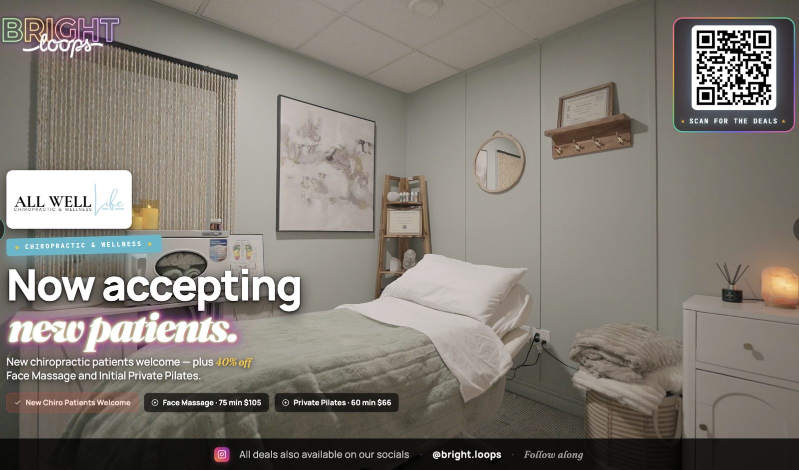 Real Bright Loops ad on screen — All Well Life Chiropractic with scannable QR deal code